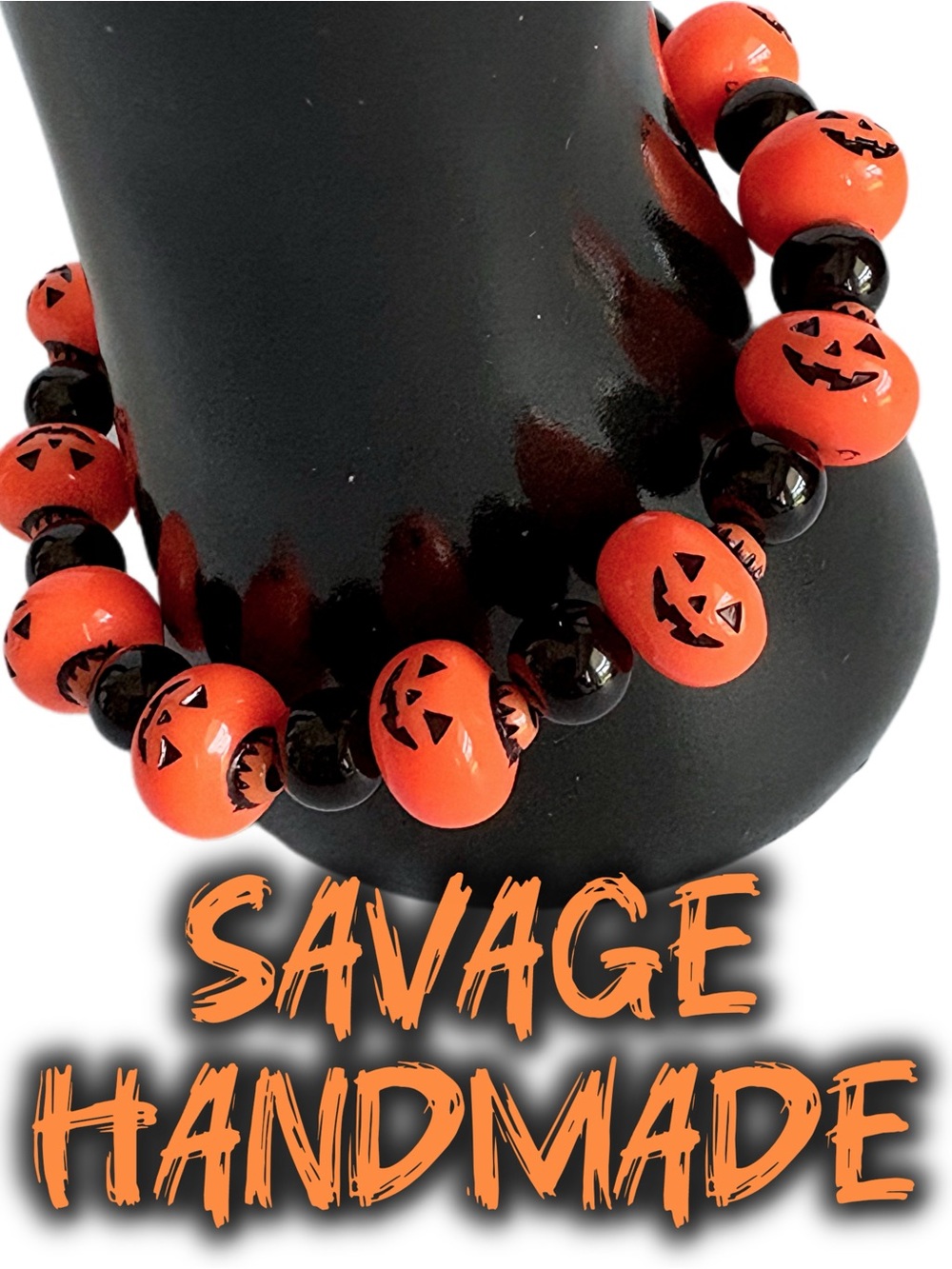 Handmade Halloween Pumpkin Beaded Stretch Bracelet - Orange & Black